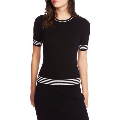 Court & Rowe Stripe Detail Short Sleeve Cotton & Wool Blend Sweater, Black