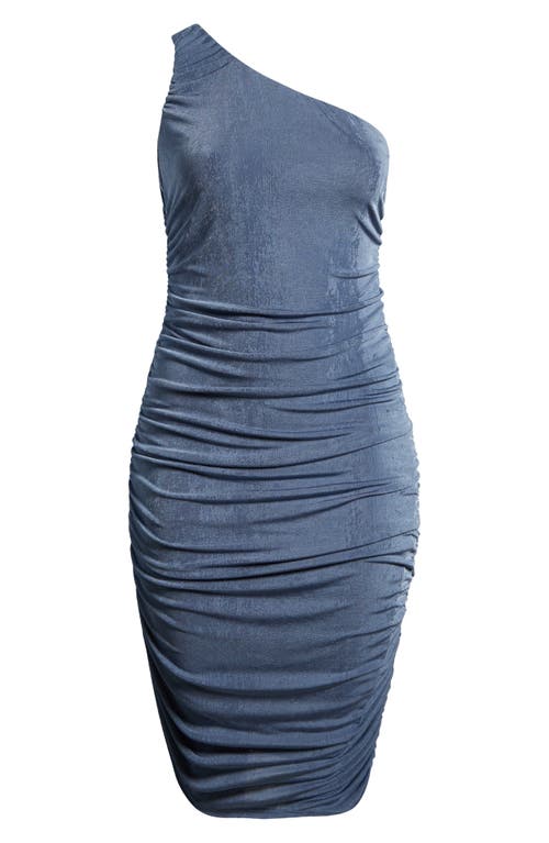 Shop 24seven Comfort Apparel One-shoulder Asymmetric Body-con Midi Dress In Denim