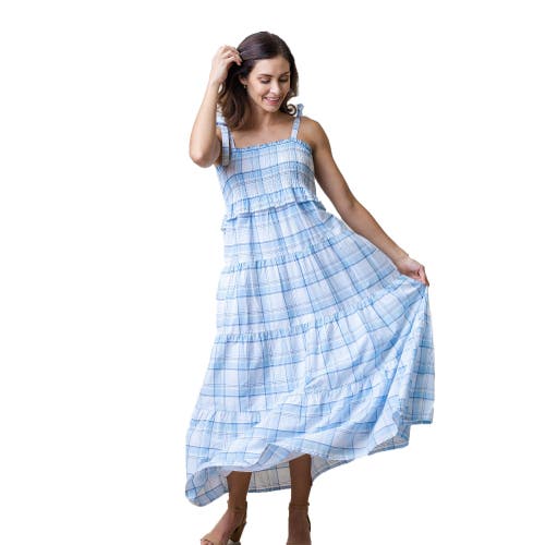 Womens' Smocked Tiered Dress in Classic Blue Tonal Plaid