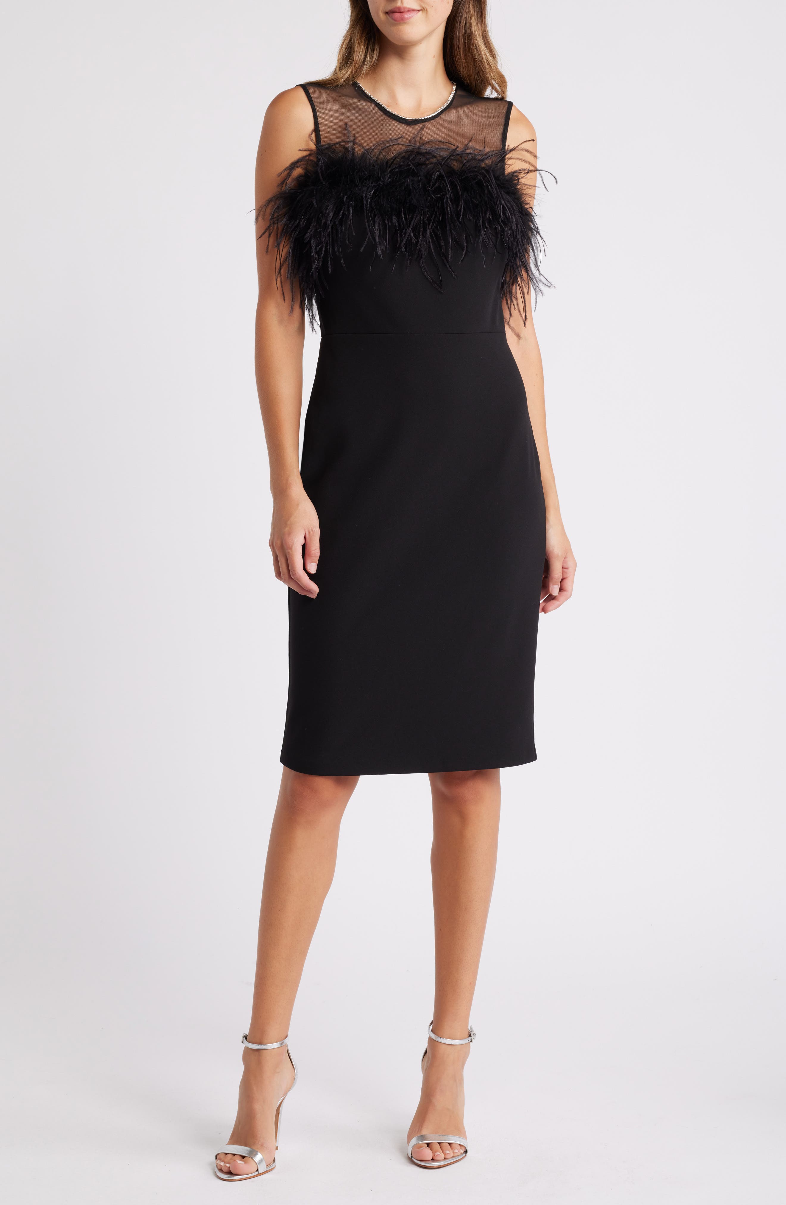 Eliza J Feather Trim Illusion Neck Sheath Cocktail Dress in Black Cover