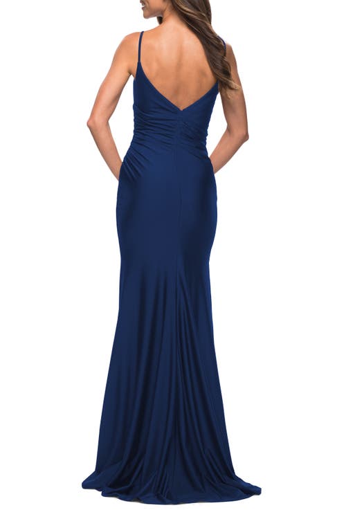 La Femme Diagonal Ruched Jersey Gown With V Neckline In Navy