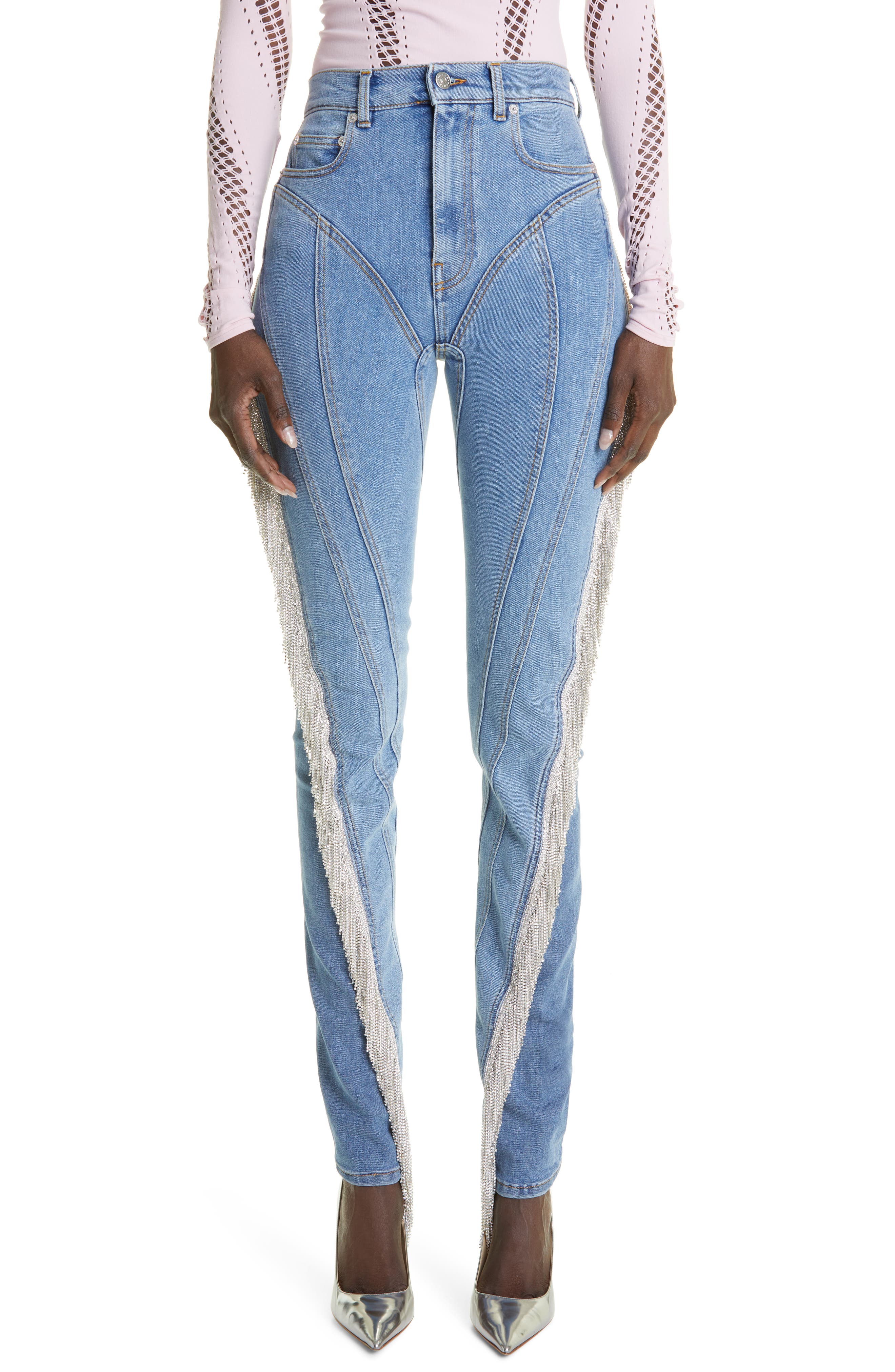 MUGLER Spiral Embellished Fringe Skinny Jeans in Medium Blue