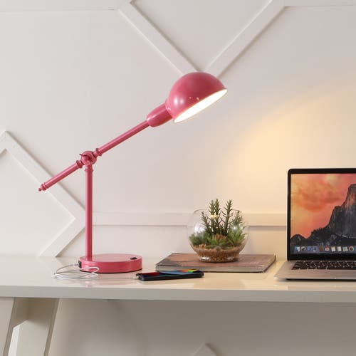 Jonathan Y Curtis Vintage Industrial Iron Adjustable Dome Shade Led Task Lamp With Usb Charging Port In Pink