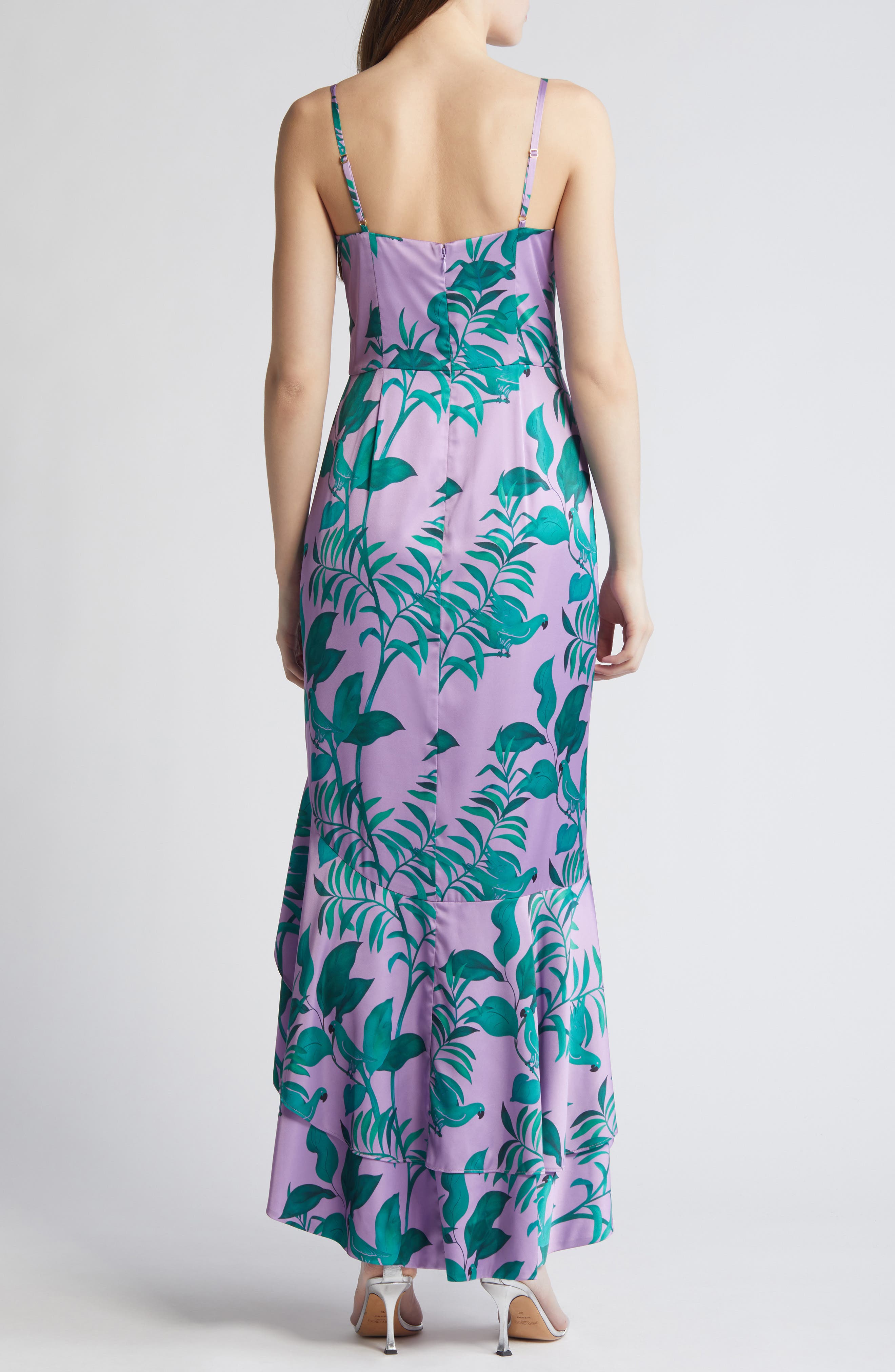 Hutch Angel Tropical Print Satin High-Low Dress in Patina/Purple Tropical |  Smart Closet