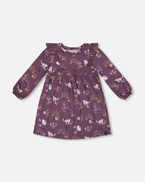 Shop Deux Par Deux Baby Girl's Dress With Frills Mauve Printed Cats