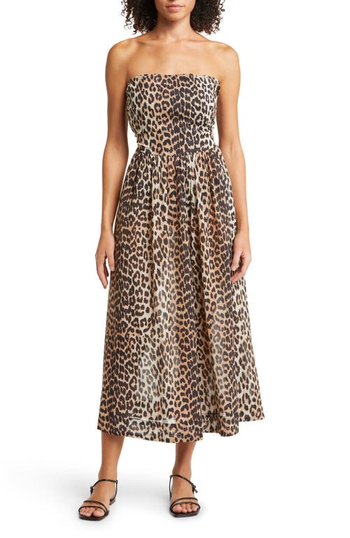 Ganni Leopard Print Strapless Organic Cotton Cover-Up Dress