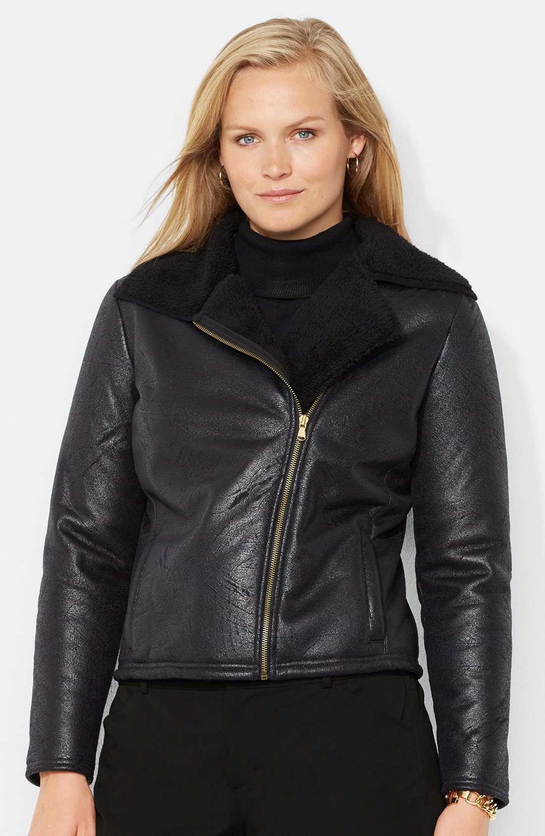Lauren Ralph Lauren Faux Shearling Moto Jacket (Plus Size) Nordstrom