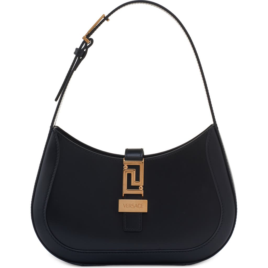 Versace Small Greca Leather Hobo Bag In Black/ Gold