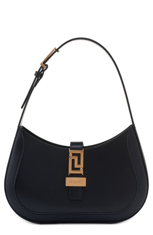 Shop Versace Small Greca Leather Hobo Bag In Black/ Gold