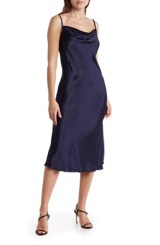 Shop Bebe Satin Cowl Neck Midi Dress In Navy