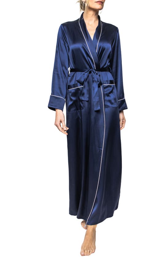 Shop Petite Plume Piped Silk Robe In Navy
