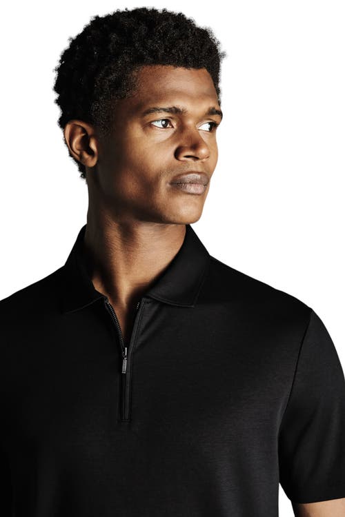 Shop Charles Tyrwhitt Plain Short Sleeve Zip Jersey Polo In Black