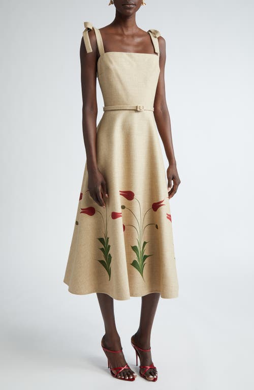 Oscar de la Renta Marbled Tulip Print Belted Midi Sundress Linen/Red at Nordstrom,