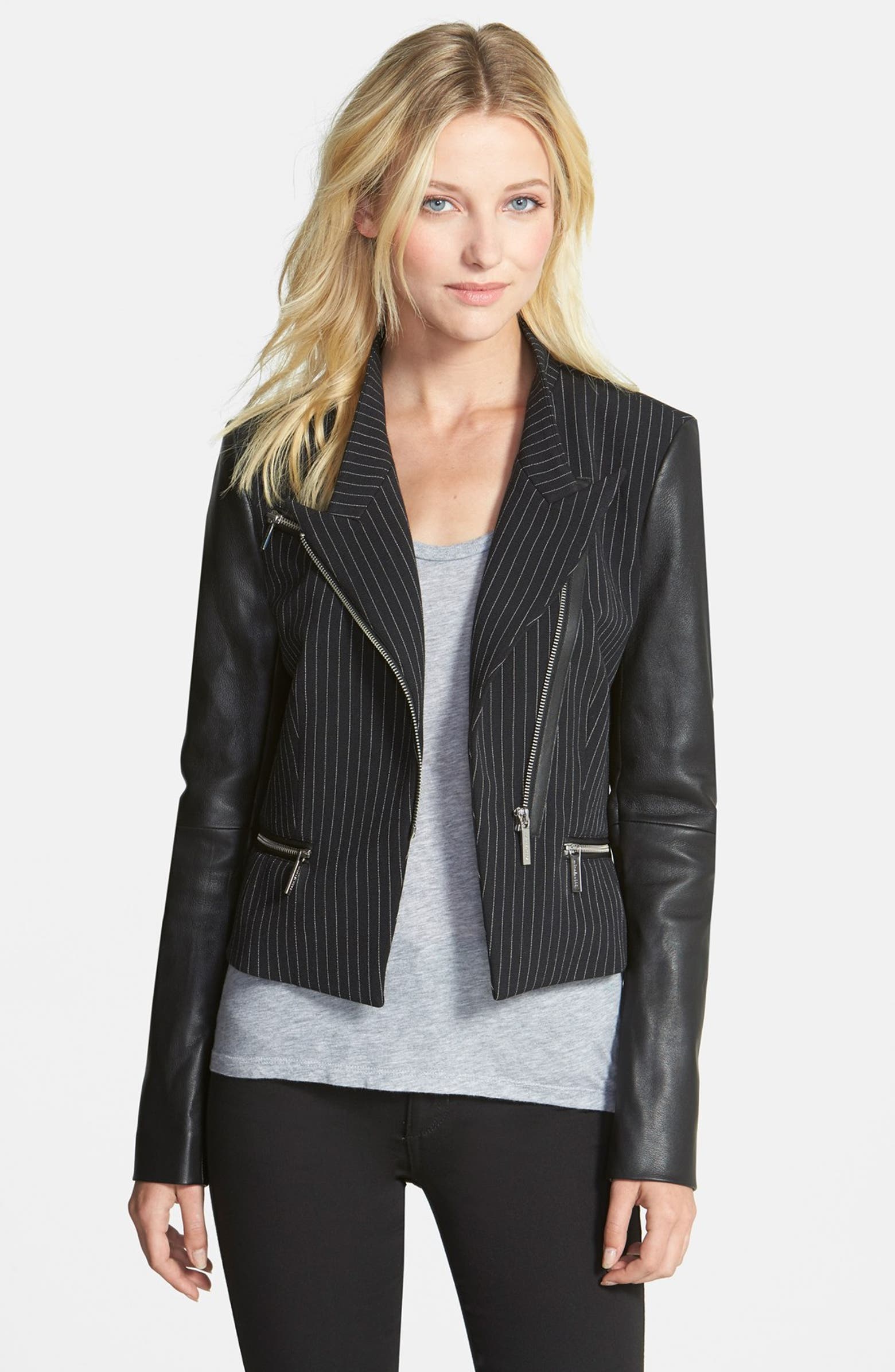 MICHAEL Michael Kors Leather & Pinstripe Moto Jacket | Nordstrom