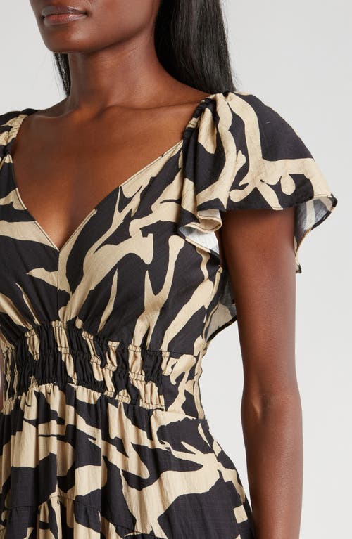 Melloday Printed Shirred Waist Tiered Maxi Sundress In Black/taupe Print