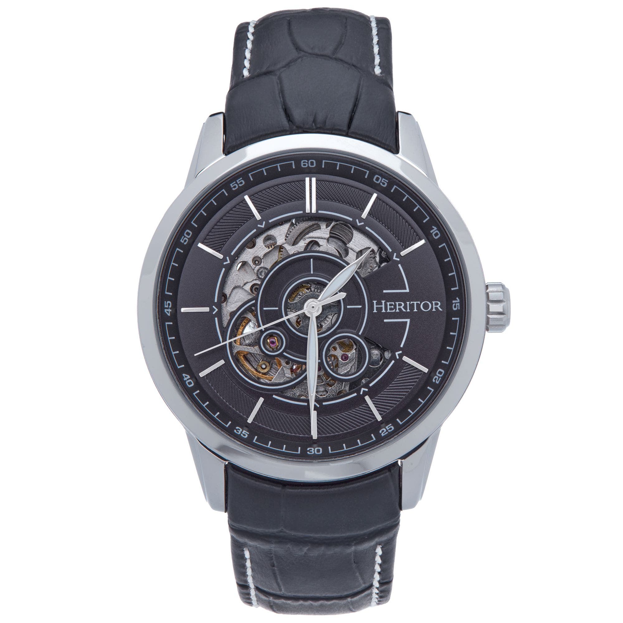 Heritor Automatic Davies Semi-Skeleton Leather-Band Watch in Silver/black Cover