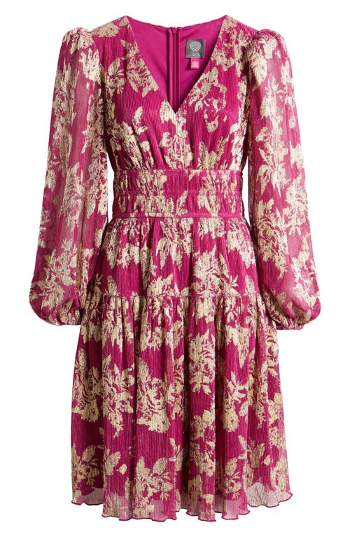 Shop Vince Camuto Metallic Floral Long Sleeve Fit & Flare Dress In Magenta