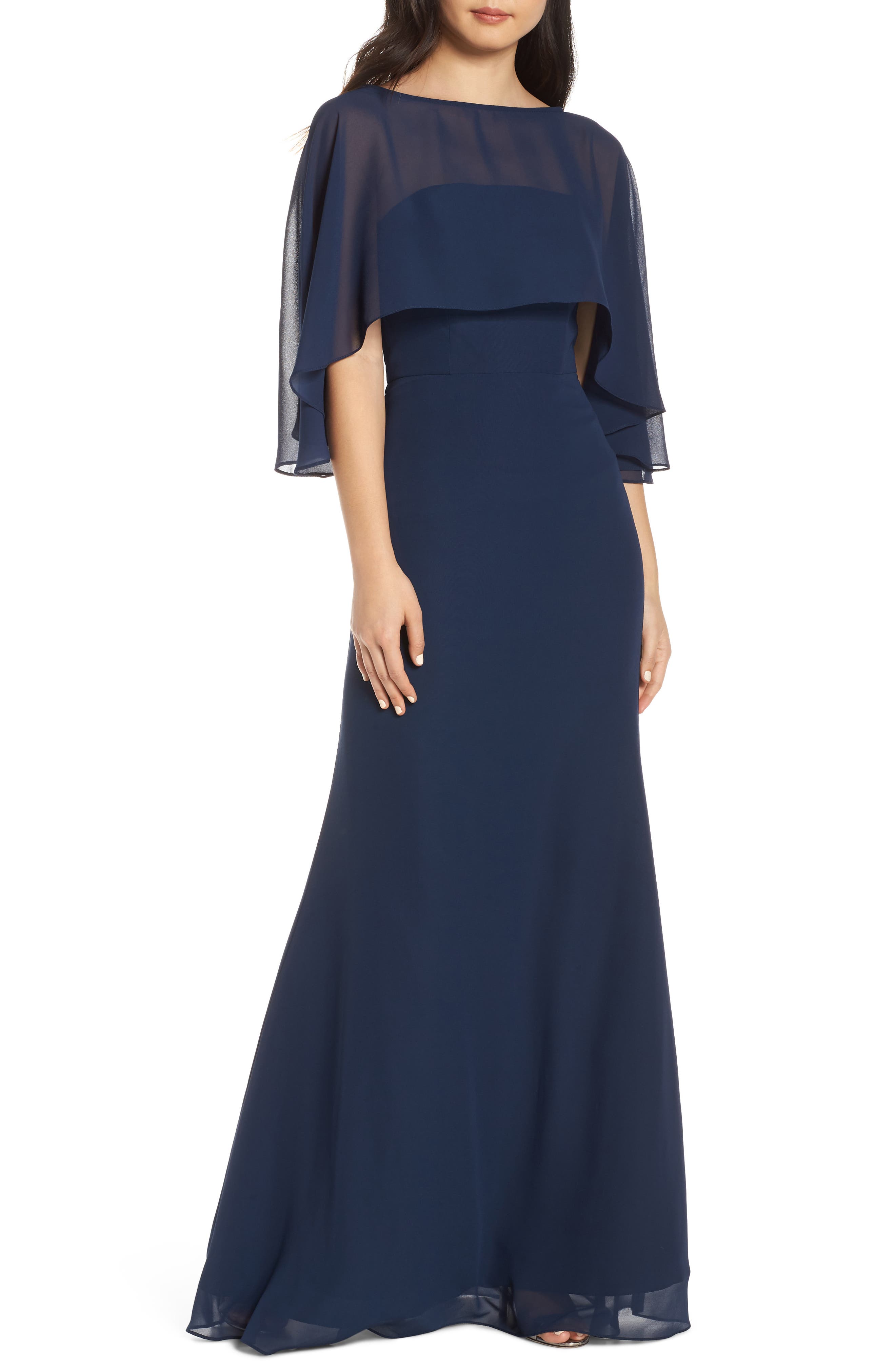 Hayley Paige Occasions Strapless Chiffon Evening Dress With Cape, Blue