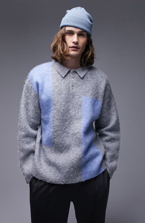 Colorblock Fluffy Long Sleeve Polo Sweater in Grey