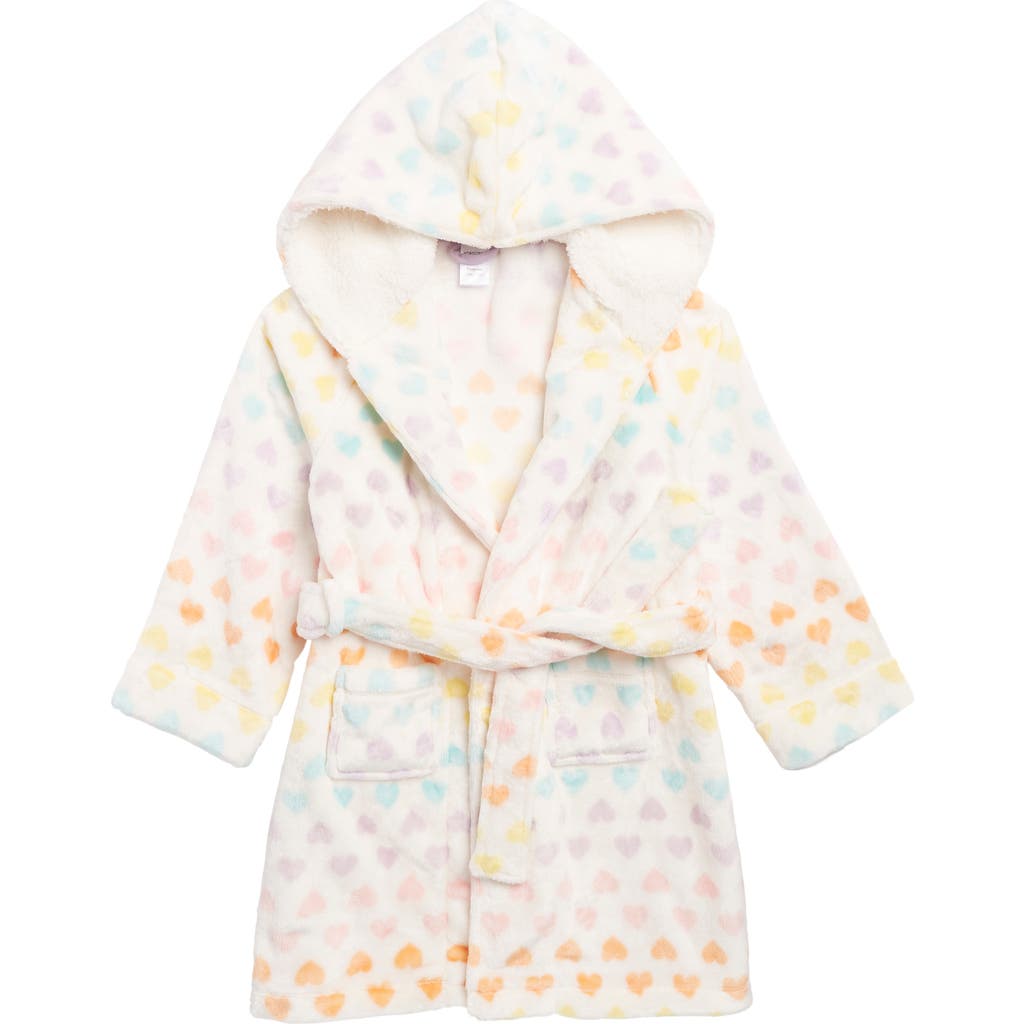 Nordstrom Kids' Print Fleece Hooded Robe In Ivory Egret Pastel Hearts