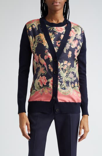 Floral Silk Wool Mixed Media Cardigan