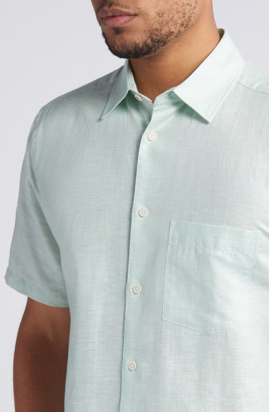 Shop Ted Baker Palomas Regular Fit Short Sleeve Linen & Cotton Button-up Shirt In Pale Green