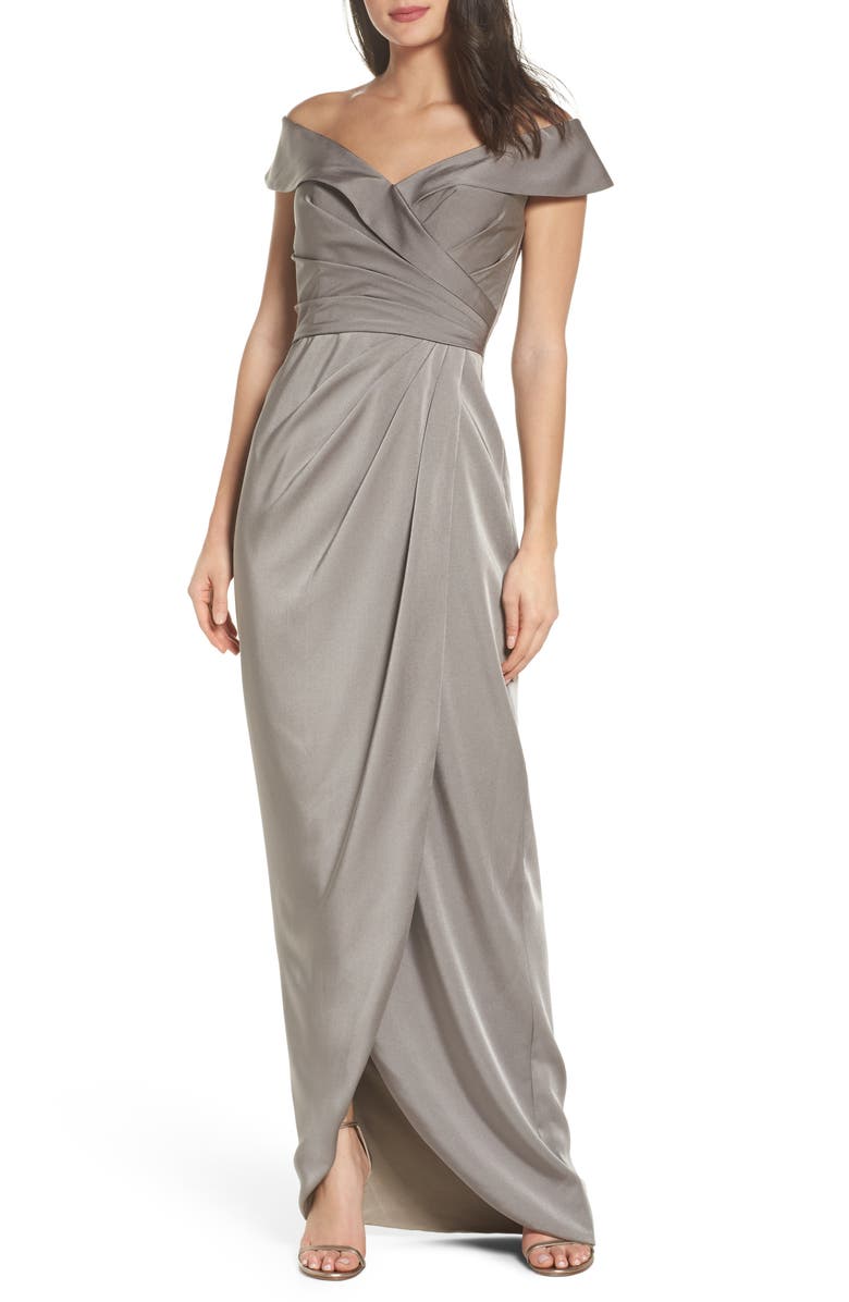 LA FEMME Surplice Off the Shoulder Column Gown, Main, color, PEWTER