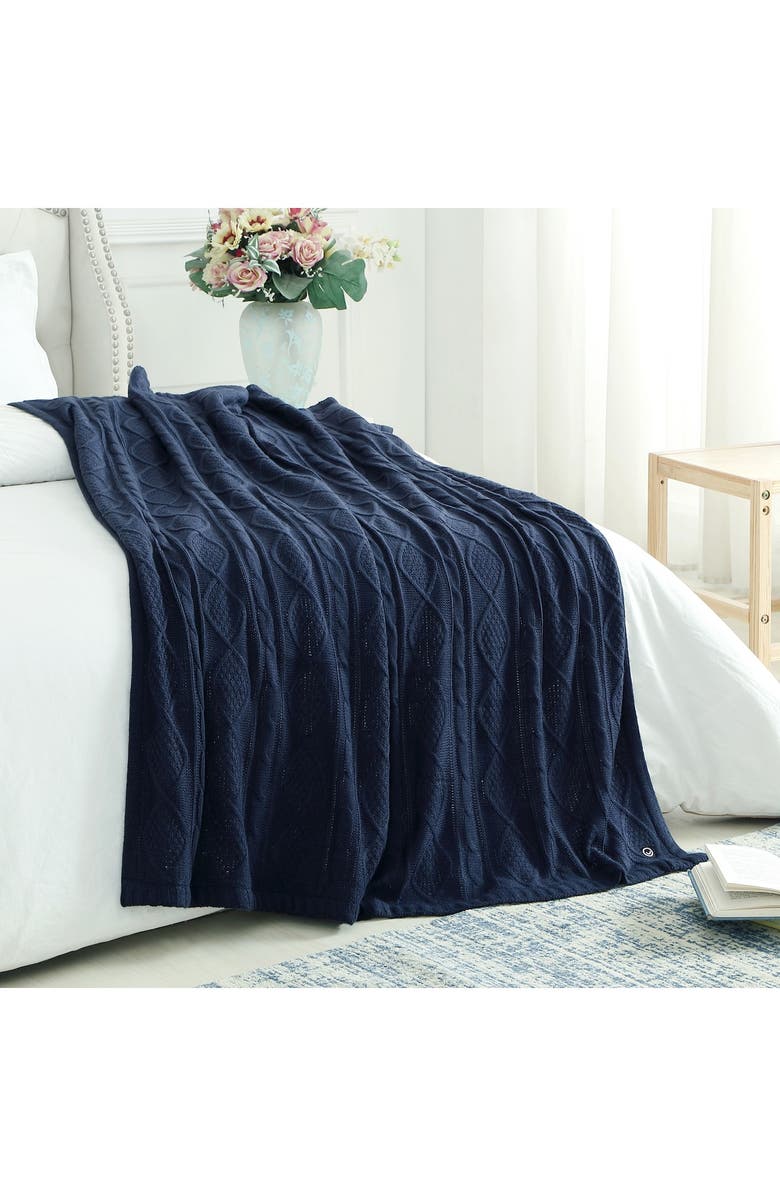 INSPIRED HOME Cozy Tyme Zaim Cable Knit Throw 50" x 60" - Navy, Main, color, NAVY