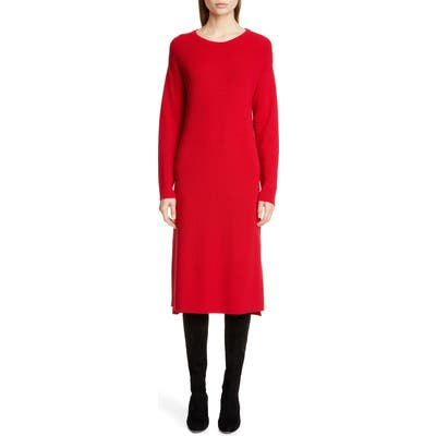 Fuzzi Side Button Long Sleeve Midi Sweater Dress, Red
