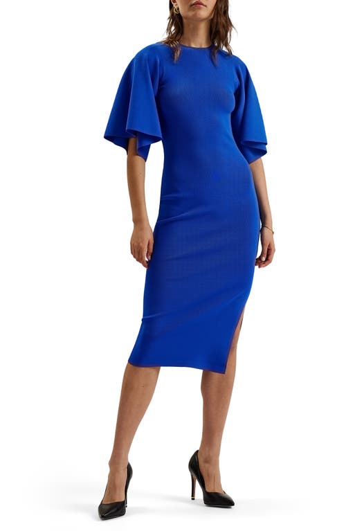 Lounia Fluted Sleeve Body-Con Sweater Dress in Mid Blue