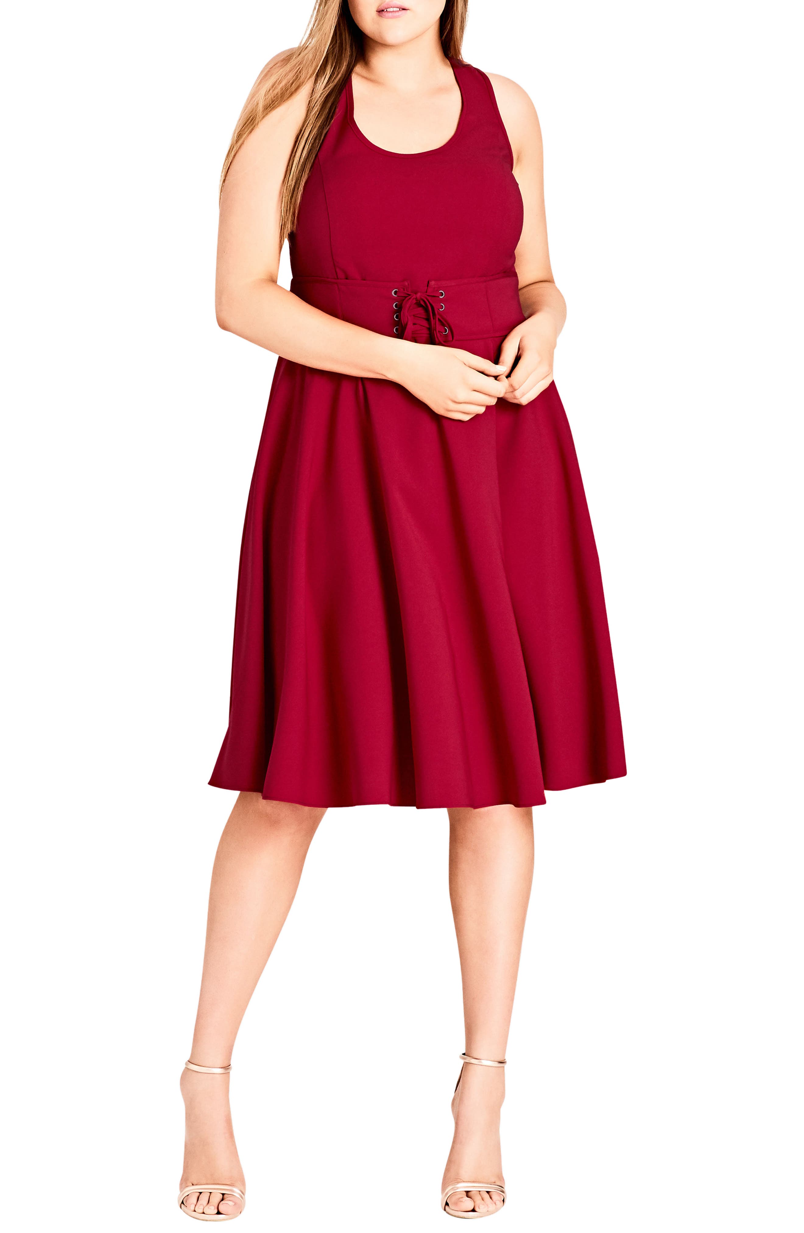 Plus Size City Chic Corset Waist Fit & Flare Dress, Red