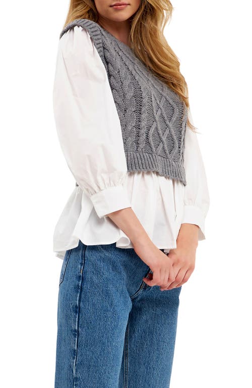 English Factory Mixed Media Cable Detail Sweater In Heather Grey/white