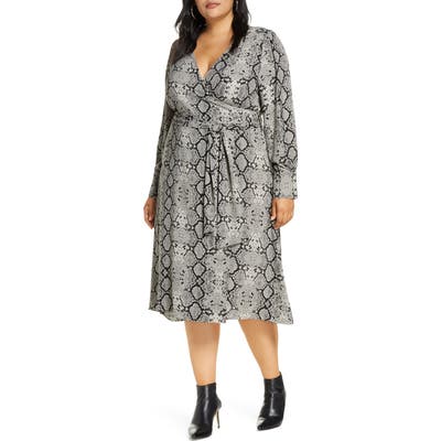 Plus Size Halogen Long Sleeve Midi Wrap Dress, Grey