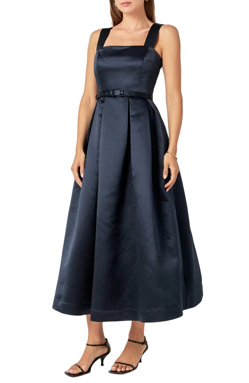 Shop English Factory Pleated Belted Midi Dress In Navy