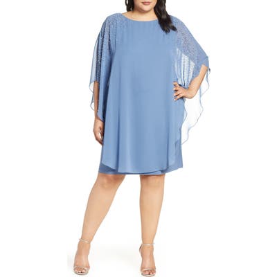 Plus Size Xscape Beaded Chiffon Overlay Dress, Blue