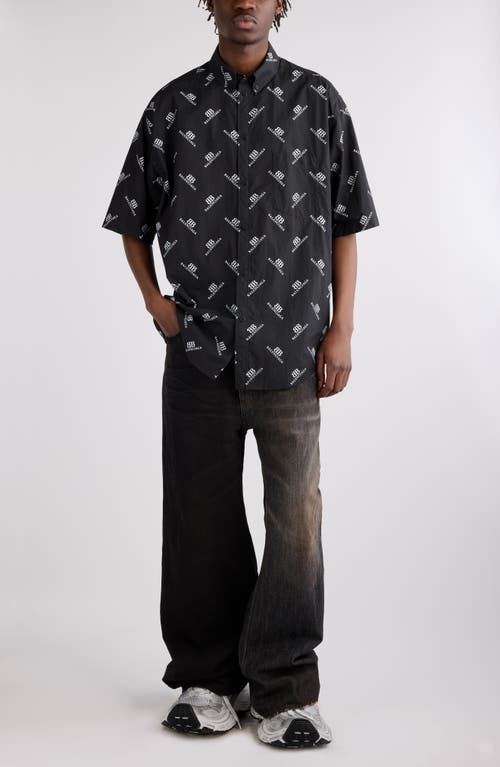 Shop Balenciaga Bb Monogram Oversize Short Sleeve Cotton Button-down Shirt In 1070 Black/white