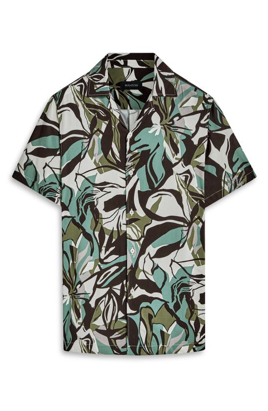 Shop Bugatchi Jackson Trim Fit Abstract Print Short Sleeve Button-up Camp Shirt In Khaki