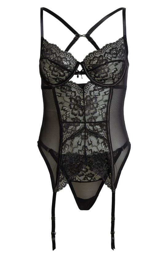 COQUETTE COQUETTE LACE UNDERWIRE BUSTIER, GARTER & THONG SET