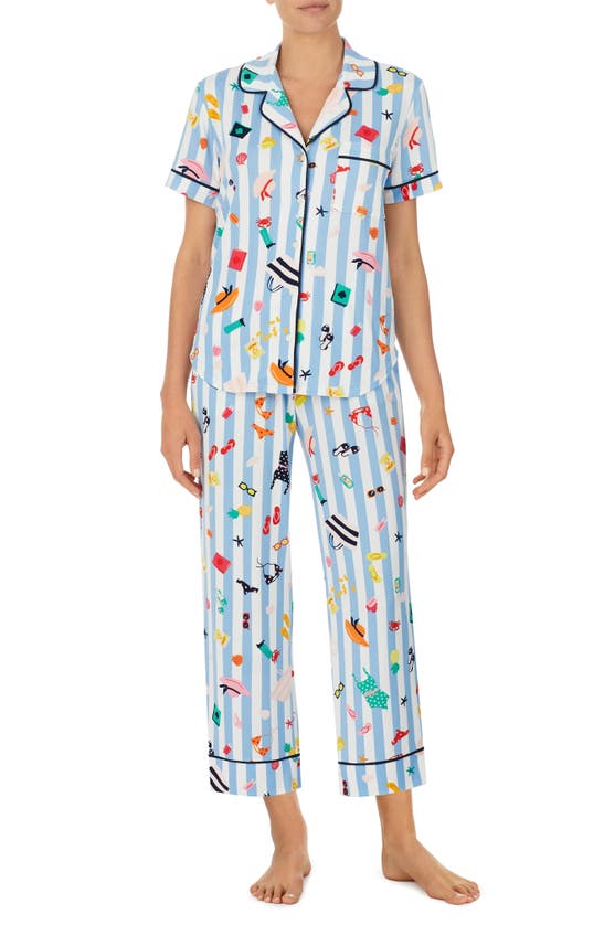 Kate Spade Print Short Sleeve Pajamas In Aqua Stripe