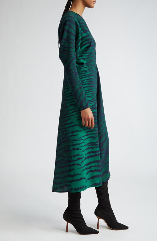 Shop Victoria Beckham Tiger Print Long Sleeve Midi Dress In Tiger Allover - Green/navy