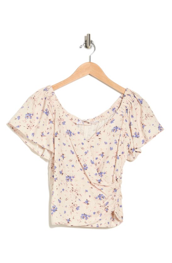 Astr Flutter Sleeve Faux Wrap Top In Periwinkle Floral