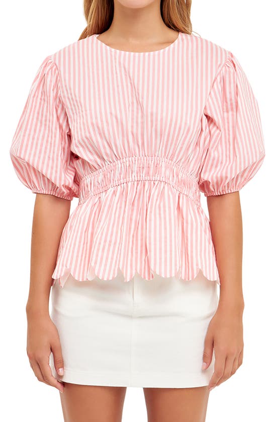 English Factory Stripe Puff Sleeve Peplum Top In Pink Stripes