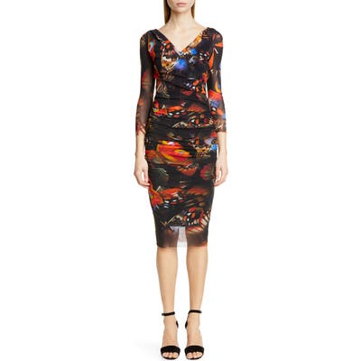 Fuzzi Butterfly Print Ruched Dress, Black