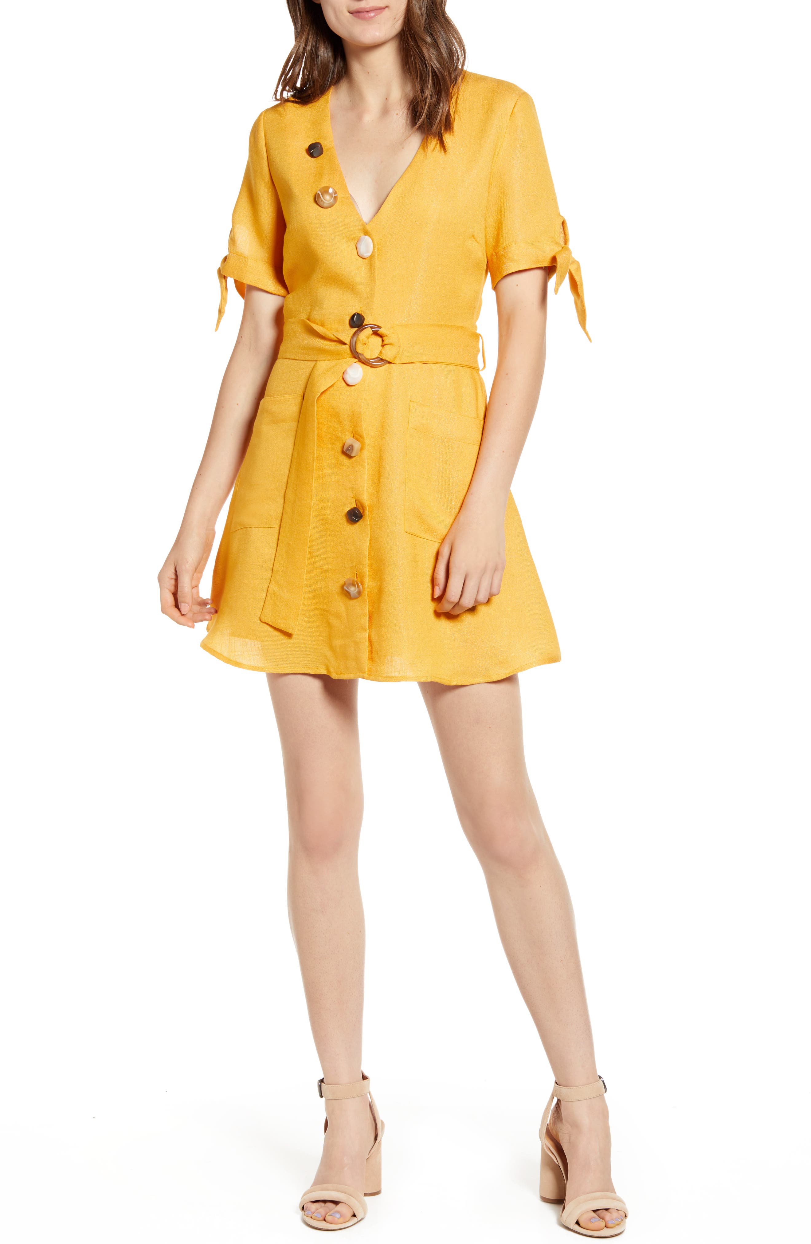 Moon River Mixed Button Tie Sleeve Minidress, Orange