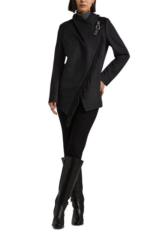 Shop Lauren Ralph Lauren Buckled Asymmetric Wool Blend Jacket In Black