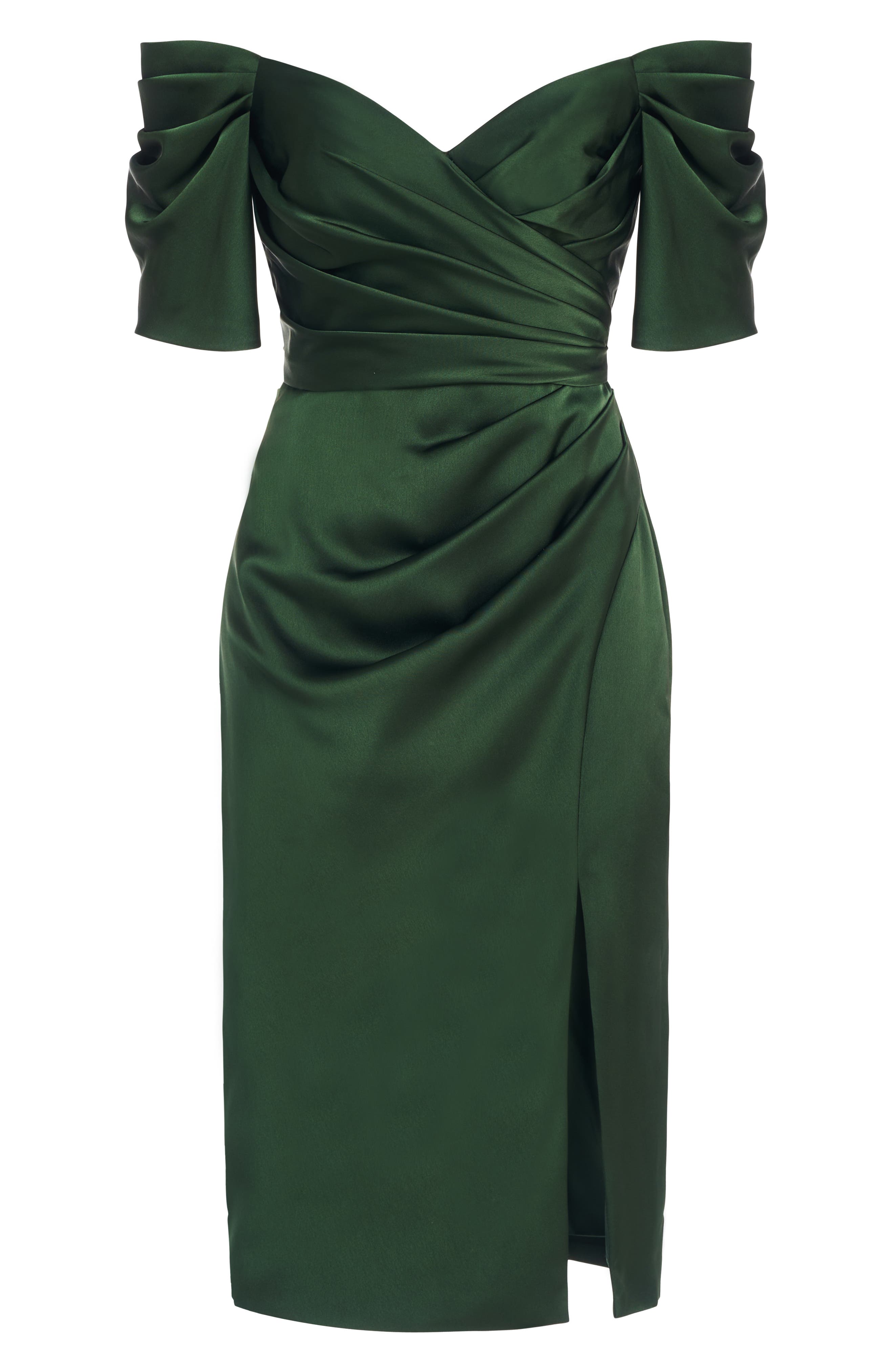 Theia Holland Pleated Off the Shoulder Satin Cocktail Dress in Moss Green | Smart Closet Theia Holland Pleated Off the Shoulder Satin Cocktail Dress in Moss Green | Smart Closet