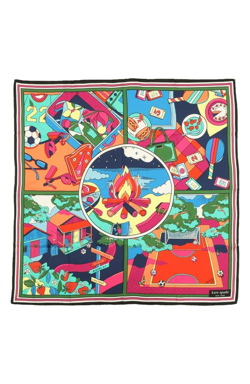 summer scene silk square scarf in Blue Multi