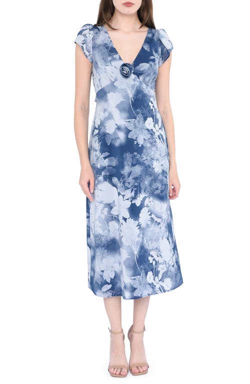 WAYF Gracie Floral Empire Waist Midi Dress Navy Shadow at Nordstrom,