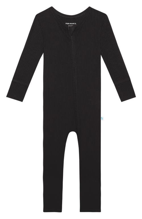 Posh Peanut Solid Black Fitted Rib Convertible Footie Pajamas at Nordstrom,