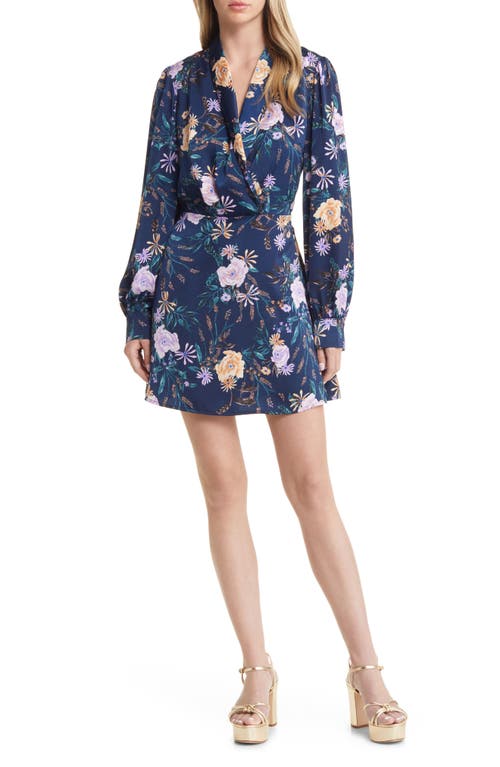 Lost + Wander Eva Floral Long Sleeve Faux Wrap Minidress in Navy Blue Floral